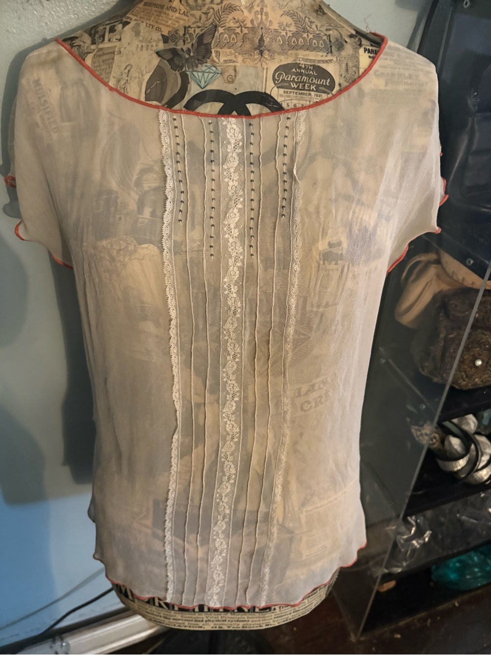 Burning Torch Sheer Cream Blouse with Coral Trim